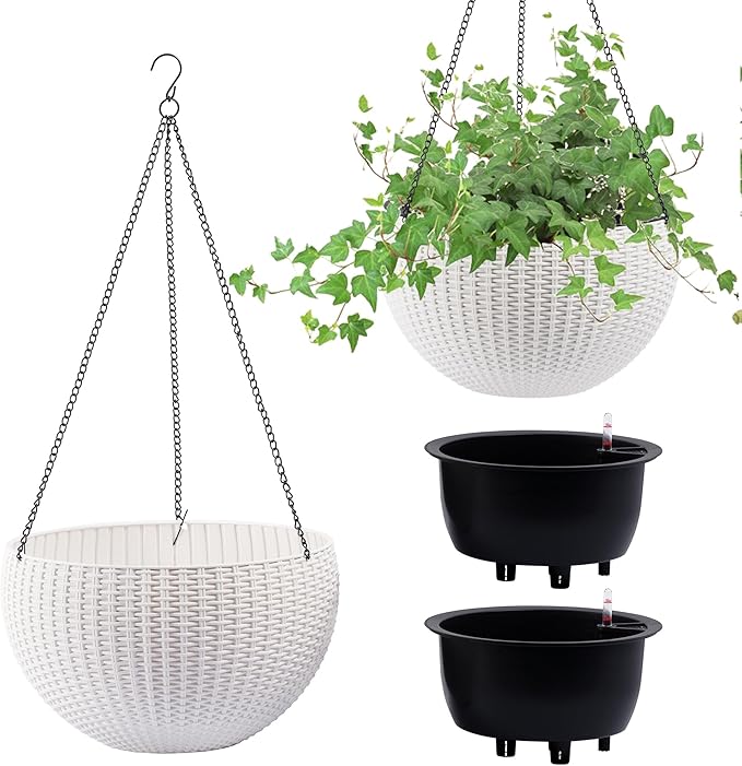 13.4 inch Self Watering Hanging Rattan Planter Large Capacity Root Rot Resistant Water Storage with Water Level Indicator Dual Use for Indoor Balcony Decoration (Pack of 2 White)
