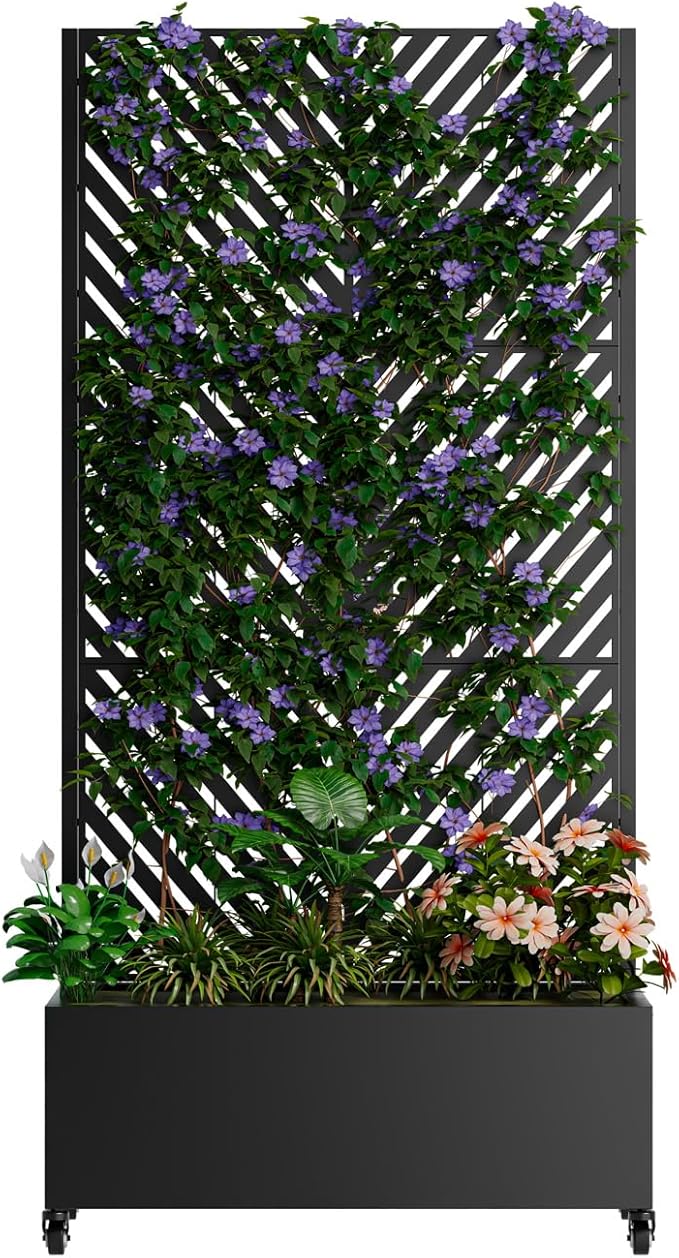 Metal Raise Garden Bed with Trellis Outdoor Indoor 73'' Tall Planter Box with Wheels Large Planter with Drainage Holes &amp Lockable Casters for Climbing Plants Vegetables Vines (Rectangle E)