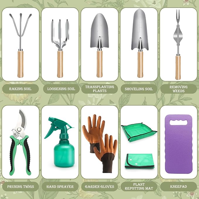 Gardening Tools Set 11 Piece Garden Hand Tools Garden Tools Set with Rust-ProofFashion and Durable Garden Tools Organizer Handbag Perfect Gardening Gifts for Mothers Day &amp Outdoor (Purple)