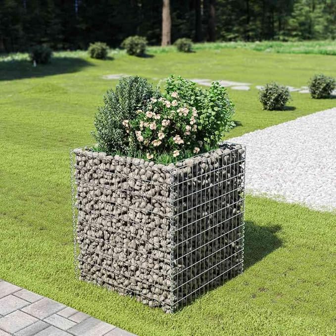 Galvanized Steel Gabion Raised Bed 35.4x35.4x39.4 in Silver Industrial Planter Square Outdoor Garden Fence Accent for Patio Backyard and Courtyard