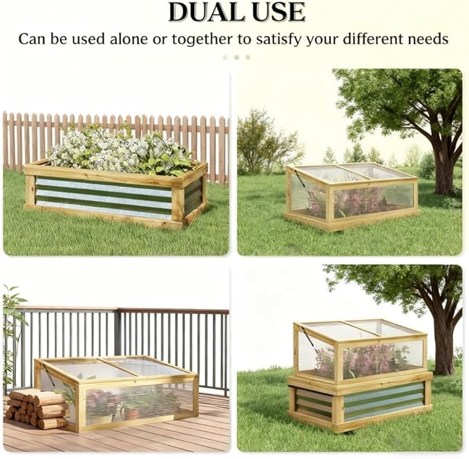 All-in-One Raised Garden Bed with Attached Greenhouse Wooden Cold Frame Planter Converts for 4-Season Growing Complete Flower &amp Vegetable Kit