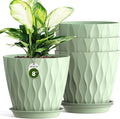 8 Inch Plant Pots with Saucers (4 Pack) - Modern Ribbed Flower Pots for Indoor Plants - Sturdy Decorative Planters for Snake Plant &amp Flowers - Drainage Holes (4 Green)