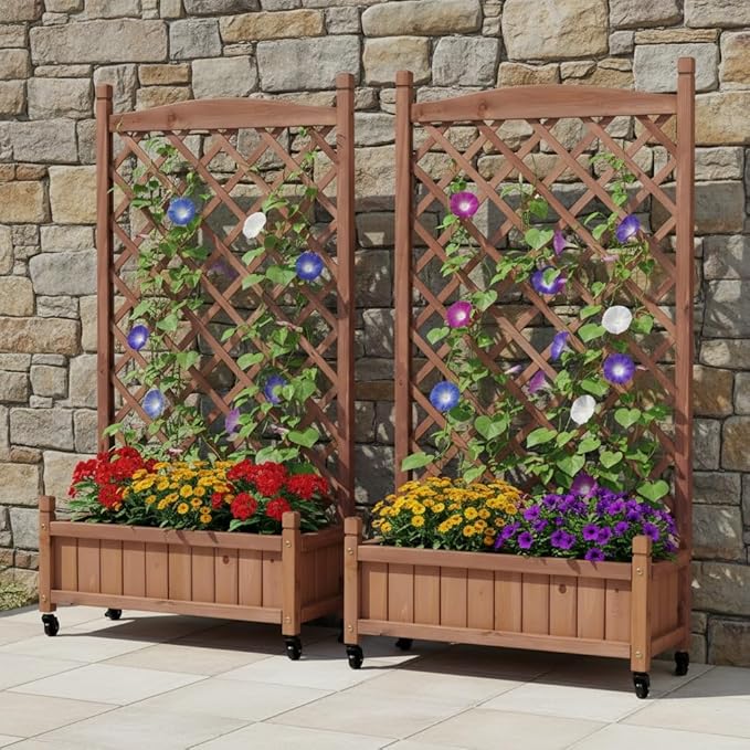 Raised Garden Bed with Tr2 Pack Outdoor Wooden Planter Box Plant Stand with Climbing Racks