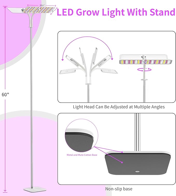 KINGPLUS Grow Lights with Stand Double Head Full Spectrum LED Grow Light for Indoor Plants 240 Leds 4 Dimmable Levels Timer 4/8/12h 12-60inches Height Adjustable 36w Ideal for Desk Small Plant