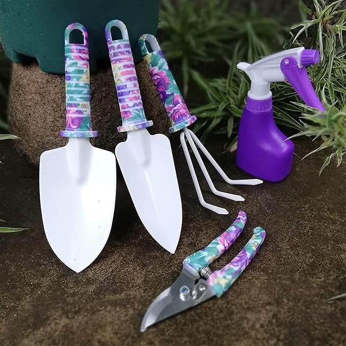 Garden Tools Set 10 Pieces Gardening Tools Garden Hand Tools with Purple Floral Print Ergonomic Handle &amp Carrying Case (Color : Green)