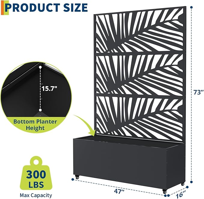 Metal Planter Box with Trellis 47X16X71 Raised Garden Bed w/Wheels Galvanized Metal Privacy Screen for Climbing Plants Vegetables Vines Patio Planters with Drainage Holes 16 Deep Bed