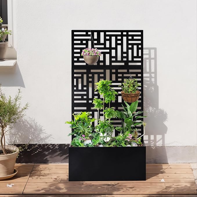 Metal Planter Box with Trellis70 Outdoor Raised Garden BedPrivacy Planters for Patio GardenPlanter Box with Drainage Holes for Climbing Plants (Black)