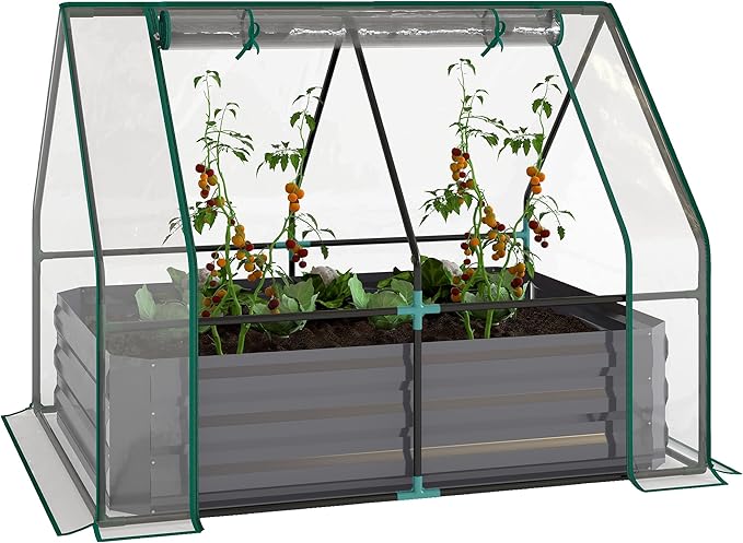 Outsunny 4 x 3 x 3ft Raised Garden Bed with Mini Greenhouse Galvanized Raised Garden Bed with Cover for Herbs and Vegetables Small Greenhouse for Patio Garden Balcony Clear and Dark Gray