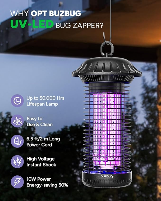 Buzbug LED Bug Zapper Indoor Outdoor Up to 50000 Hours Lifespan Lamps 6.5 ft Power Cord High-Voltage Mosquito Zapper Fly Trap Mosquito Trap Fly Killer Fly Zapper -MO008C