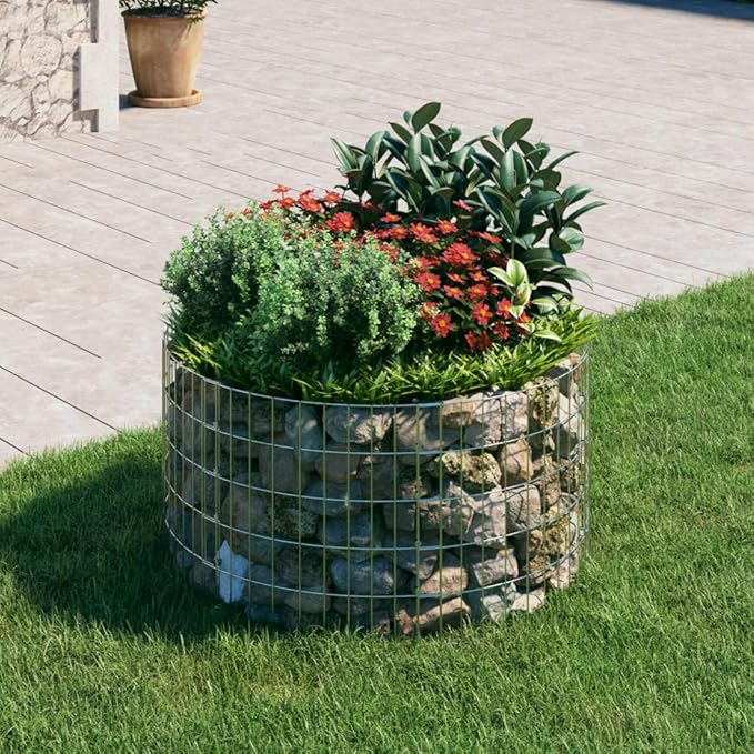 Outdoor Garden Galvanized Steel Circular Gabion Pole Patio Backyard Gabion Basket Cage Planter Stand Garden Gabion Post Raised Bed Fencing Ø39.4x19.7-904