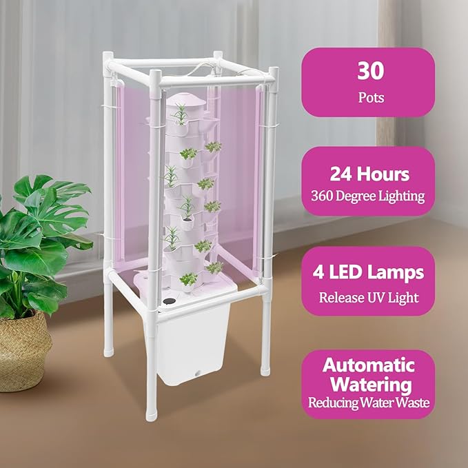 Hydroponic Tower Growing System Kits with LED Grow Lights 30 Pods Indoor Vertical Planter Germination Kit 6 Layers Hydroponic Tower for Fruits Vegetables Herbs and Miniature Greens (White)