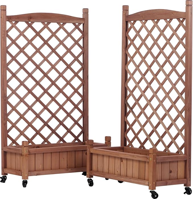 Donext 2-Pack Raised Garden Bed with Trellis 42.3 Inch Wood Planter Box with Wheels &amp Drainage Holes Portable Elevated Box for Climbing Plants(Brown)