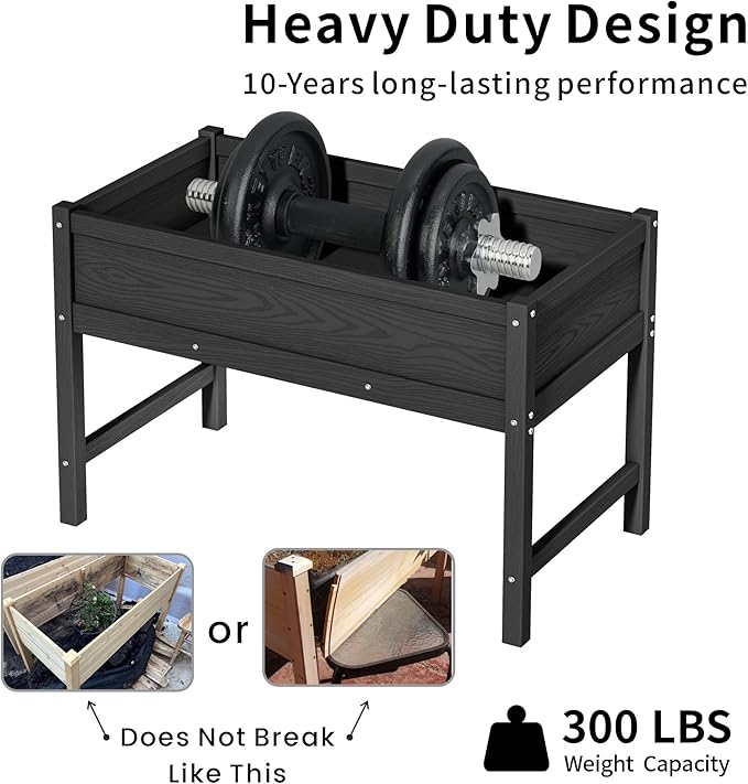 HDPE Raised Garden Planting Bed with LegsGarden Boxes Outdoor Raised with Drainage Hole Rot-ResistantRaised Beds for Gardening for Backyard Patio Balcony 300 lb Capacity (Black)