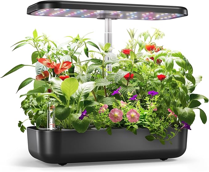 owltron Hydroponics Growing System Kit 12 Pods Indoor Herb Garden with 24W LED Grow Light Full Spectrum Planting Height Up to 20 Quiet Water Pump Indoor Gardening for Gifts Kitchen Black