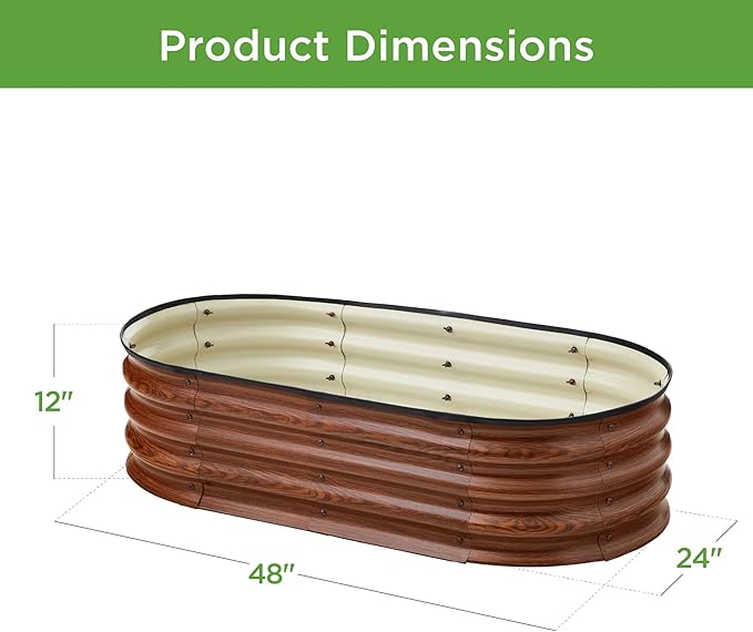 Best Choice Products 4x2x1ft Outdoor Metal Raised Garden Bed Oval Deep Root Planter Box for Vegetables Flowers Herbs and Succulents w/ 51 Gallon Capacity Rubber Edge Guard - Wood Grain