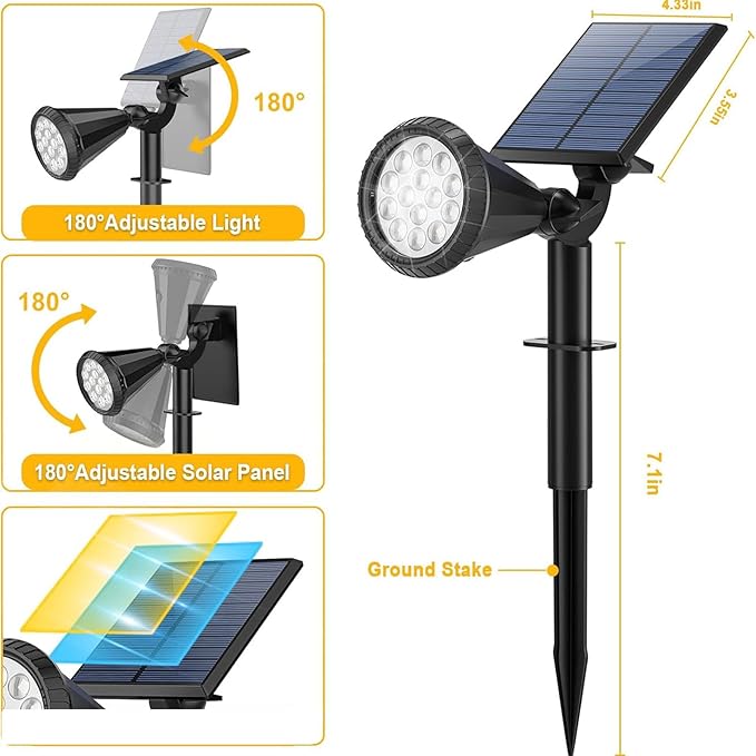 AAdjustable Solar Lights Outdoor Waterproof36 LEDs 1000LM Solar Spot Lights 2-in-1 Solar Powered Spotlights Landscape Lighting for Garden Yard 4 Pack