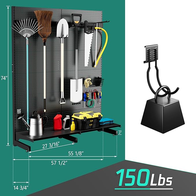 JWX Garage Pegboard Tool Organizer Free Standing Organizer Storage Rack with 21 Pegboard Storage Set Max 300 lbs Super Heavy Duty Garden Tool Hanger Rack for Ski Gears Broom Shovel Yard Tools