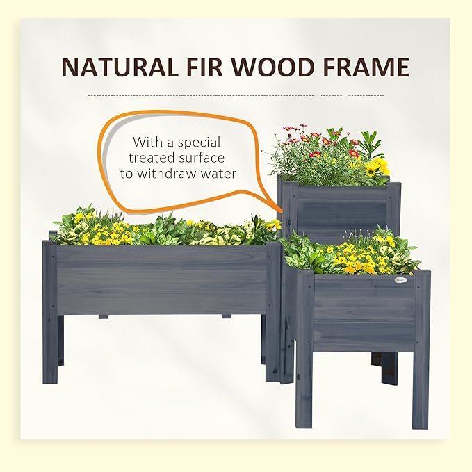Outsunny Raised Garden Bed Set of 3 Wooden Elevated Planter Box with Legs and Bed Liner for Backyard and Patio to Grow Vegetables Herbs and Flowers Gray