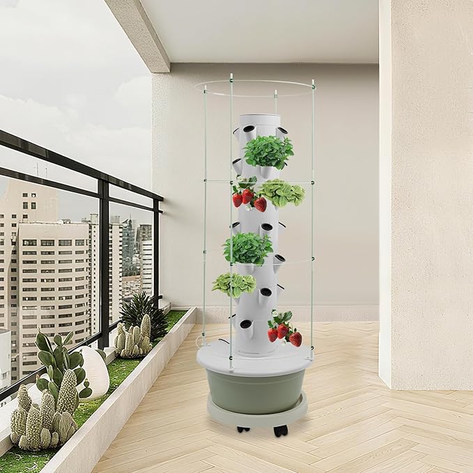 28-Plant Hydroponic Growing Tower 7-Tier Indoor Vertical Garden System with Climbing Trellis Hydroponic Tower Kit with Automatic Water Circulation Pump and Timer for Home Balcony &amp Office