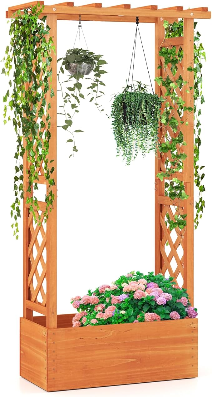 Wooden Flower Rack Raised Garden Bed &amp Double-Sided Grid Fir Tree Planting Box with Drainage Holes &amp Bottom Gap for Flowers Suitable for Decoration Garden (with Base Panel 1)