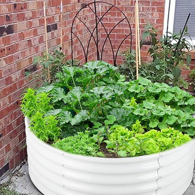 FORTUNO 2 Pcs 17 Tall 4 Ft Round Raised Garden Bed Box Galvanized Metal Outdoor High Flower Bed Steel Patio Ground Planter for Planting Vegetables and Herbs White