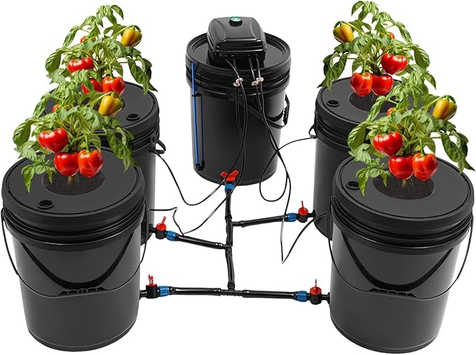 DWC Hydroponics Grow System 5 Gallon 5-Bucket Deep Water Culture Growing Bucket with Pump Air Stone and Connected Reservoir DWC Hydroponic System Kit for Growing Plants Indoors and Outdoors