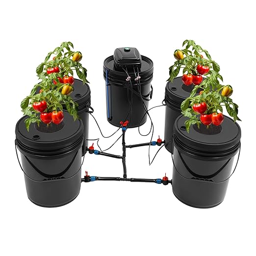 Hydroponic System 5 Gallon 5 Buckets - Recirculating Deep Water Culture Kit w/12W Air Pump 4×4L/min Air Stone 6m Hose &amp Water Level Device for Indoor/Outdoor Leafy Vegetables Black