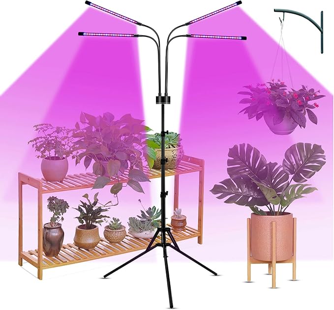 MEGHALI Tripod Four Head Grow Lights with Remote Control Timing Led Clip Plant Light Indoor Plant Lamp for Vegetable Succulent Herb Seedlings Garden