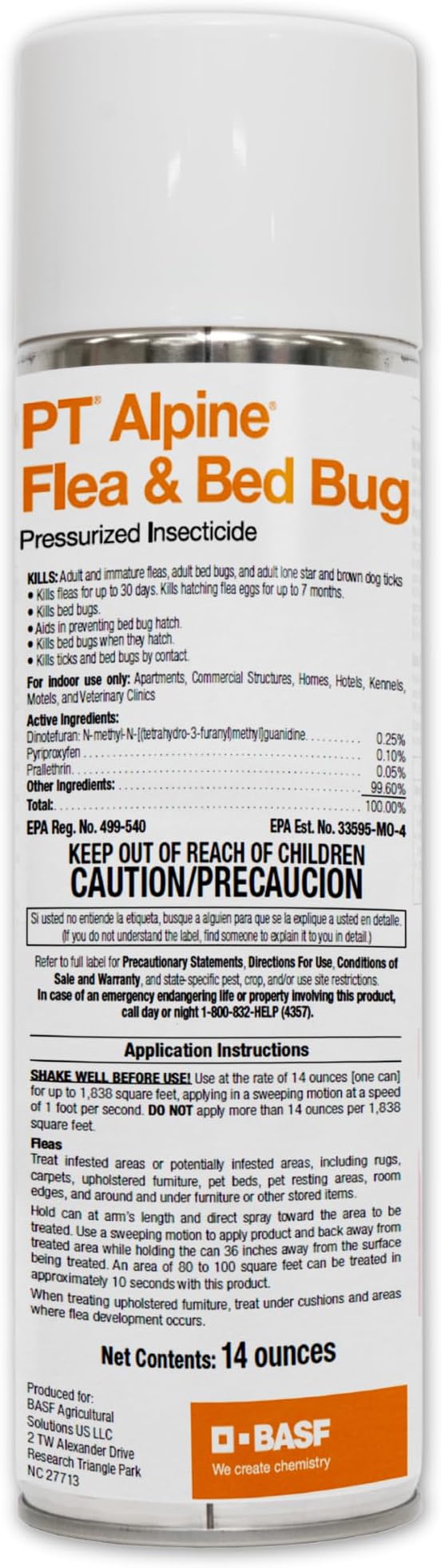 BASF PT Alpine Flea &amp Bed Bug Killer Fast Acting Insecticide Extended Long Lasting Pest Control Formula Quick Dry Non-staining Ready to Use Spray Can 14 oz