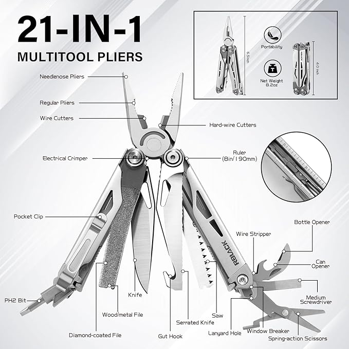 EDC Multitool 21-in-1 Heavy-duty Stainless Steel Finish Multi Tool Pliers with Safety Locking | Seat Belt Cutter - Men's Gift Set Including Nylon Sheath for DIY Home Garden &amp Outdoors