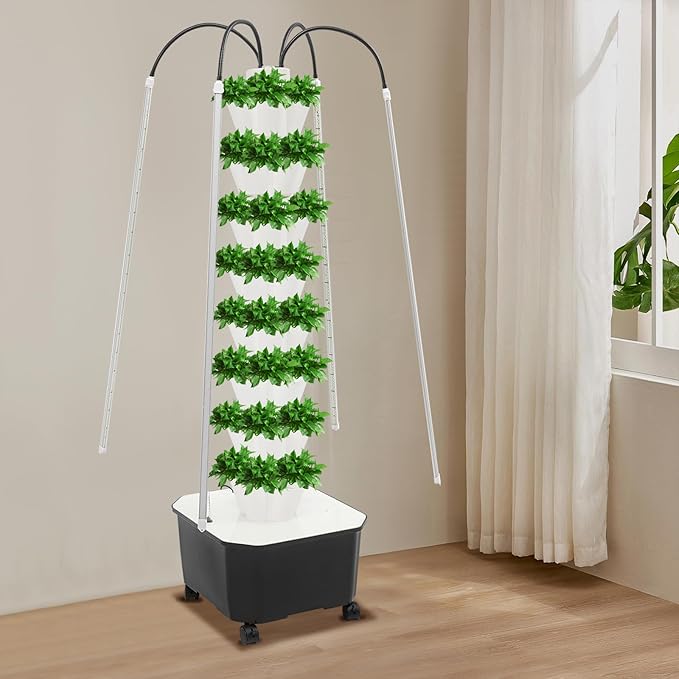 Hydroponics Growing Tower 40-Plant Hydroponic Outdoor Indoor Vertical Garden Kit with Grow Lights Water Pump Water Level Gauge Wheels Herb Garden Growing Tower (White-B 40-Hole)
