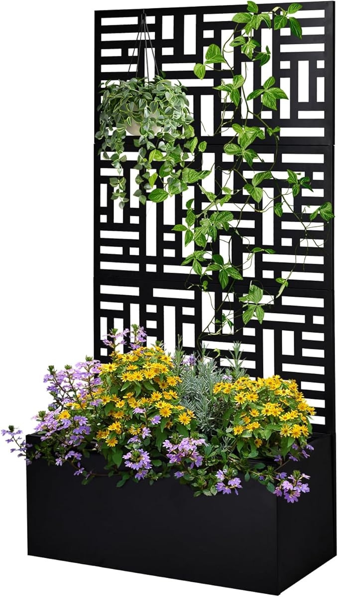 Metal Planter Box with Trellis Raised Garden Bed Privacy Planters for Patio Planter Box with Drainage Holes for Climbing Plants Flower