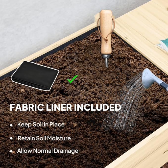 Sturdy Wooden Raised Garden Bed with Lockable Casters Built-in Side Shelves and Drainage System for Easy Urban Gardening (Natural Wood + Wood)