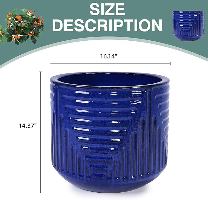 16 Dia Round for Indoor Plants Large Outdoor with Drainage Holes Ceramic Plant Pots Indoor Outdoor for Home Garden Patio Dark Blue