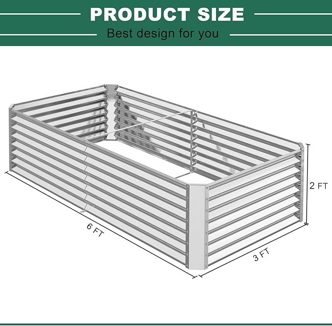 FRIZIONE 6x3x2ft Galvanized Metal Raised Garden Bed for Vegetables Outdoor Garden Raised Planter Box Backyard Patio Planter Raised Beds for Flowers Herbs Fruits