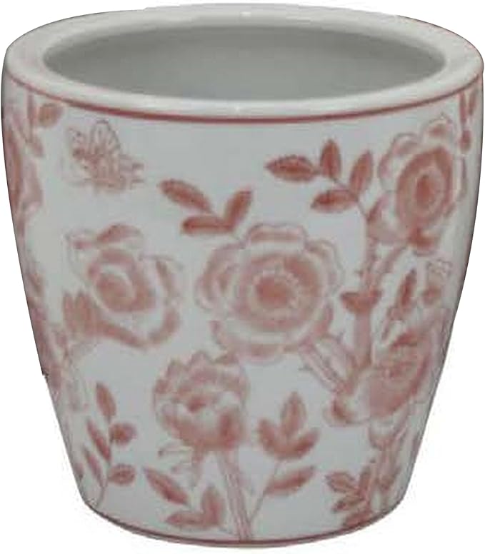 Accent Planter Pot Set of 4 Pink Floral Pattern White Ceramic