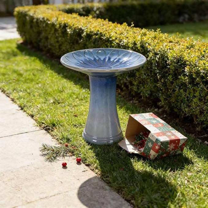 17'' Ceramic Bird Bath for Outside Elegant Tall Outdoor Bird Bath Lightweight Pedestal Glazed Birdbaths for Outdoors with Floral Pattern Blue Ombre