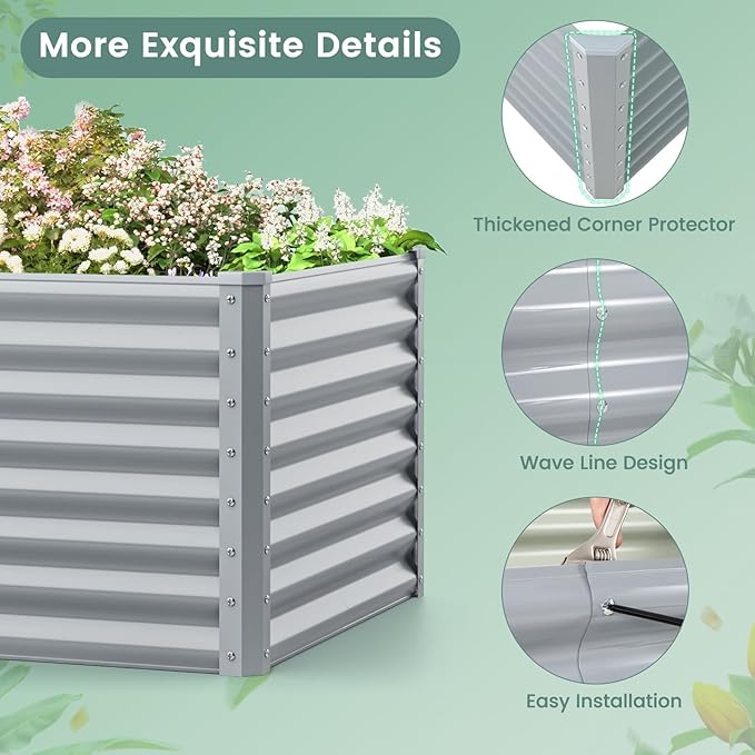 2 Pieces Raised Garden Beds Metal Garden Planter with Open Bottom Sprayed Plate &amp Thickened Corner Protectors Outdoor Planter Box for Vegetables Flowers &amp Herbs (Gray)