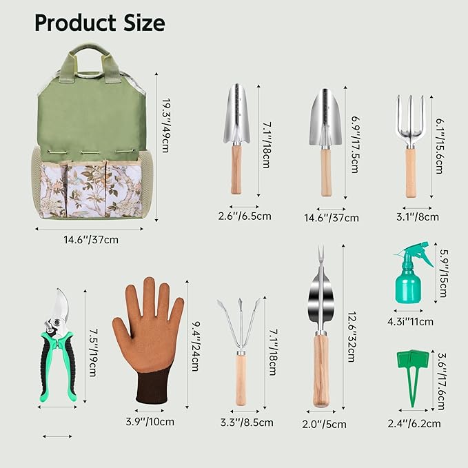 Gardening Tool Set 10 Pieces Heavy Duty Stainless Steel Garden Tool Set Hand Tools with Roomy Lightweight Floral Tote Bag Rust-Proof Garden Tools for Gardening Ideal Gardening Gifts for Women Mom