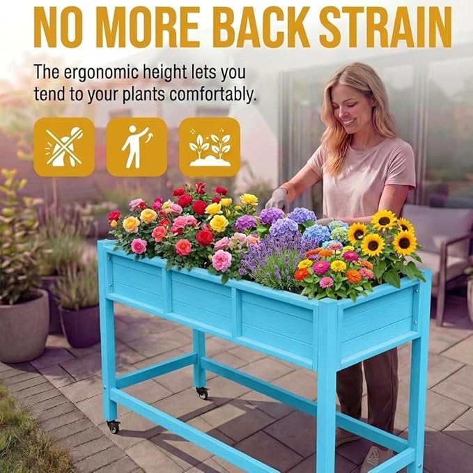 DWVO 47x18x31in Raised Garden Bed HDPE Weather-Resistant Poly Wood Planter Box Stand Planter Box with Legs &amp Lockable Wheels Elevated Garden Bed for Backyard Patio Balcony - Aruba Blue