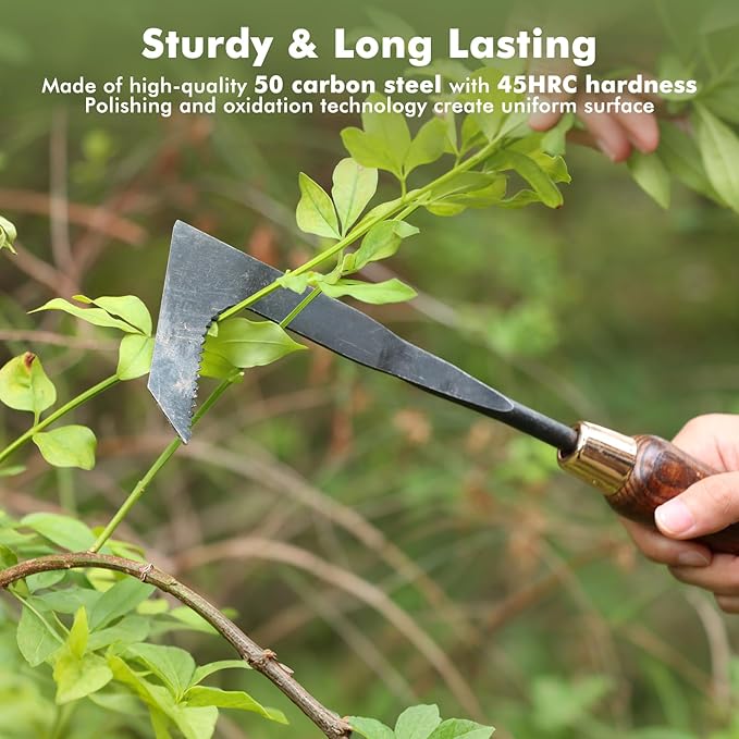 RESTMO Gardening Tools Bundle: Heavy Duty Gardening Tools Kit &amp Square &amp Triangle Garden Hoe &amp Crack Weeder Tool &amp Gardening Hand Fork Premium Carbon Steel Garden Tools with Ergonomic