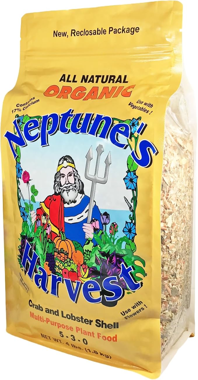 Neptune’s Harvest Organic Crab &amp Lobster Shell Multi-Purpose Plant Food (5-3-0) - 4 LB Resealable Bag - Rich in Nutrients Soil Fertilizer - Plant Food for Lawns Gardens and Vegetables