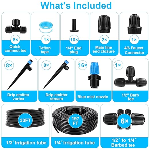 230FT Drip Irrigation SystemAutomatic Garden Watering System with 1/4 &amp 1/2 Tubing Adjustable Spray Nozzles &amp Sprinklers and Accessories for Garden Greenhouse Lawn Potted Plants