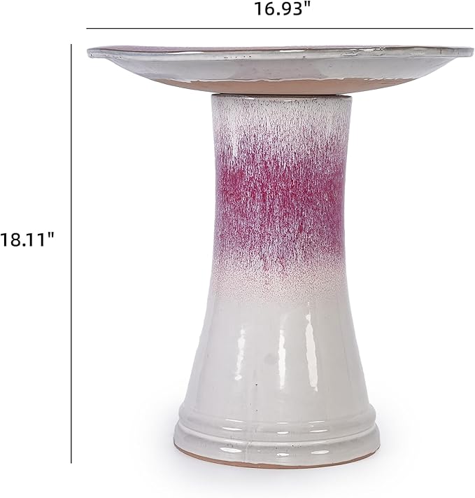 17'' Ceramic Bird Bath for Outside Elegant Tall Outdoor Bird Bath Lightweight Pedestal Glazed Birdbaths for Outdoors with Swirl Pattern Rose Ombre