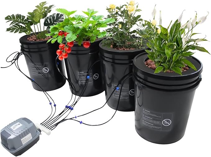 4-Bucket Deep Water Culture Hydroponic System Kit 5 Gallon Soilless Indoor Growing System with Drip Irrigation and Air Pump Complete Home Vegetable Garden Set for Fast Growth