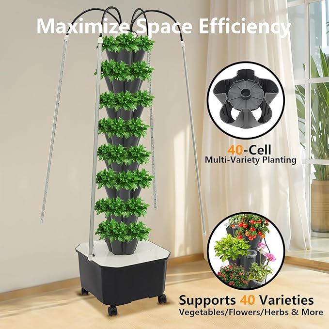 Hydroponics Growing System Kit 40 Pods 8 Tiers Vertical Gardening System with Wheels Outdoor Indoor Herb &amp Fruits Growing Tower with LED Grow Lights and Auto Water Pump System Gray