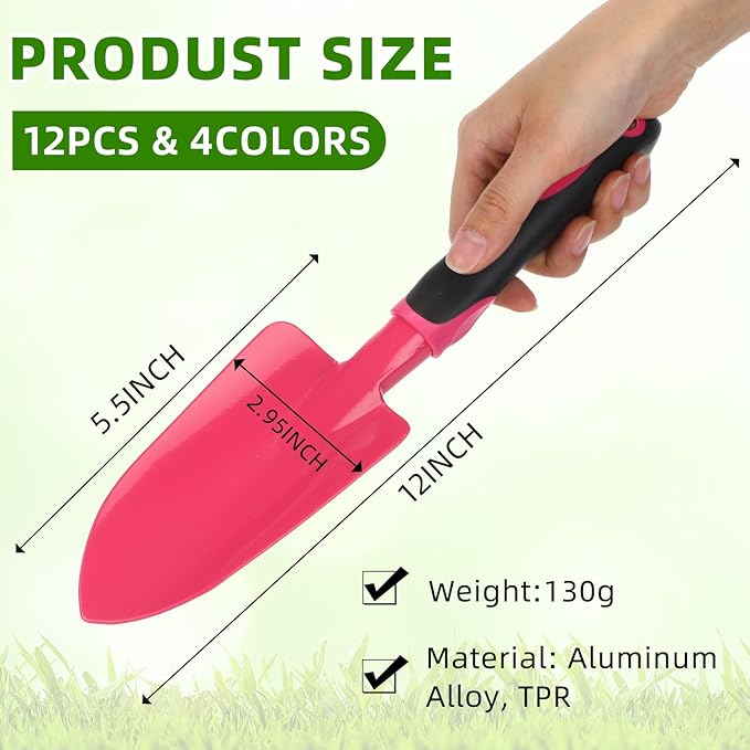 12 Pcs Garden Shovel Aluminum Alloy Heavy Duty Trowel Small Digging Shovels Metal Hand Trowel Spade with Soft Handle for Garden Lawn Yard Planting Tool (Wide ShovelFuchsiaPurpleBluePink)