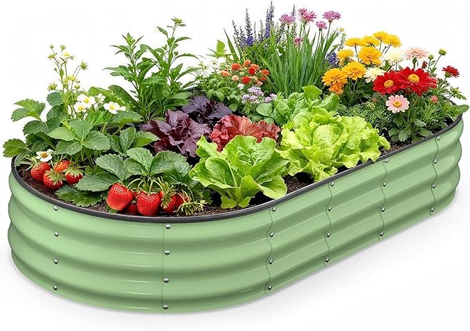 Raised Garden Bed 6×3×1 FT Galvanized Raised Planter Box Oval Vegetable Planting Container with Safety Edge Trim Fruit Green for Backyard Fence Line Side Yard Family Gardening