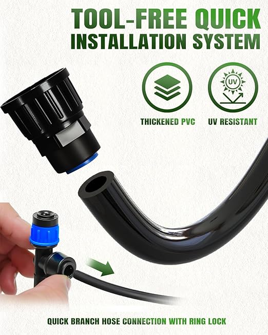 Breeze Touch 230ft Quick-Connect Drip Irrigation System Automatic Garden Watering System with 1/2 &amp 1/4 Fast-Lock Tubing - Adjustable Nozzles &amp Sprinklers for GardenGreenhouse LawnPotted