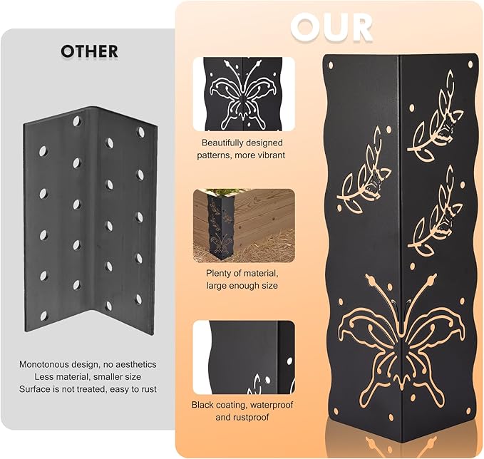 Set of 8 Decorative Raised Garden Bed Corner Brackets with Short/Long Screws for 12''-24'' Bed Box Black Metal Corner Braces 11 x 3 x 3 for Vegetable Planter Garden